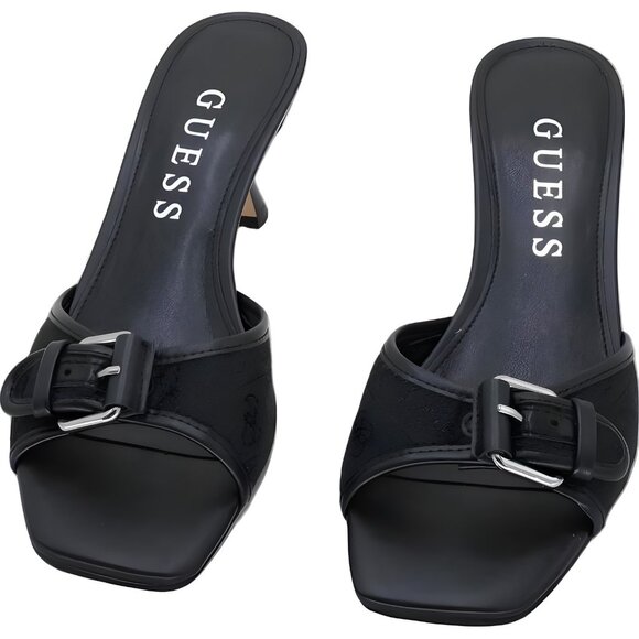 GUESS Dista Buckle Kitten Heel Mules Black Logo Women US 9M - Picture 5 of 6